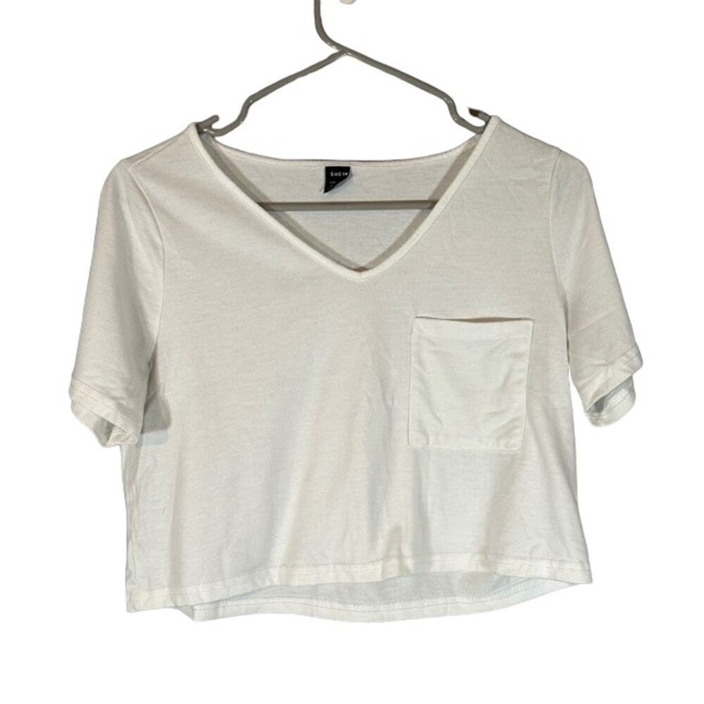 Shein Women’s White Cropped TShirt Short Sleeve Lightweight Pocket Tee Size XS